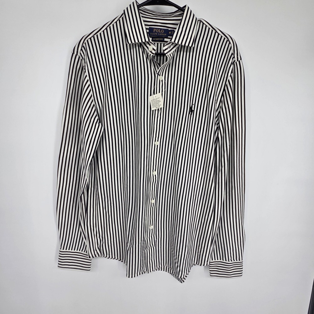 Polo Ralph Lauren Knit Dress Shirt Size Medium Black And White Stripe NWT